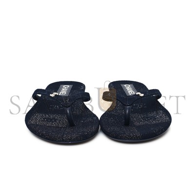 CHANEL COTTON SILK CRYSTAL CC THONG SANDALS DARK BLUE SILVER 362268